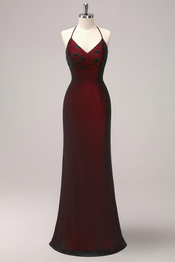 Sheath Beaded Black Red Formal Dress with Lace-up Back